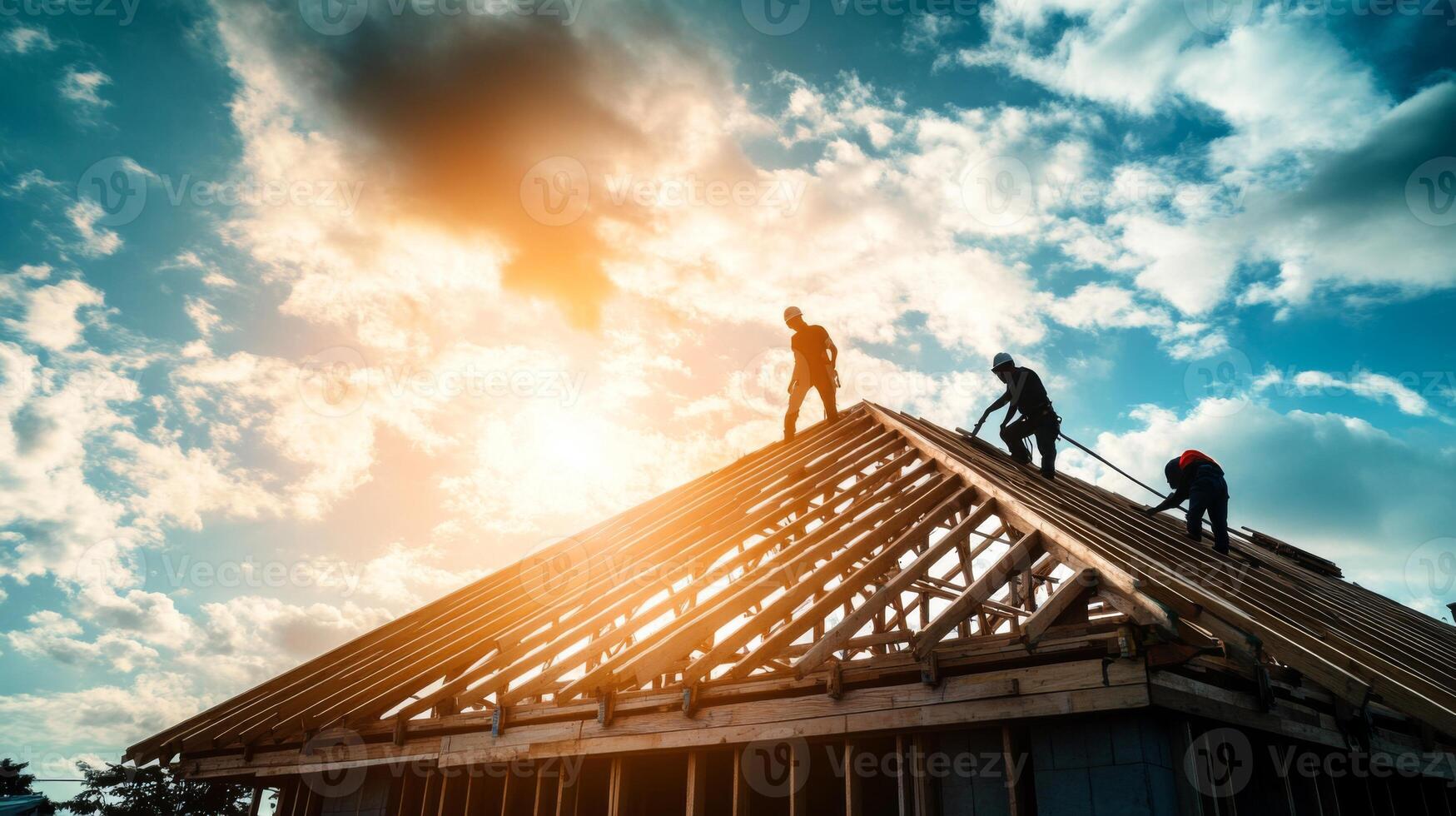 Construction Workers on a Roof Frame Under a Blue Sky photo