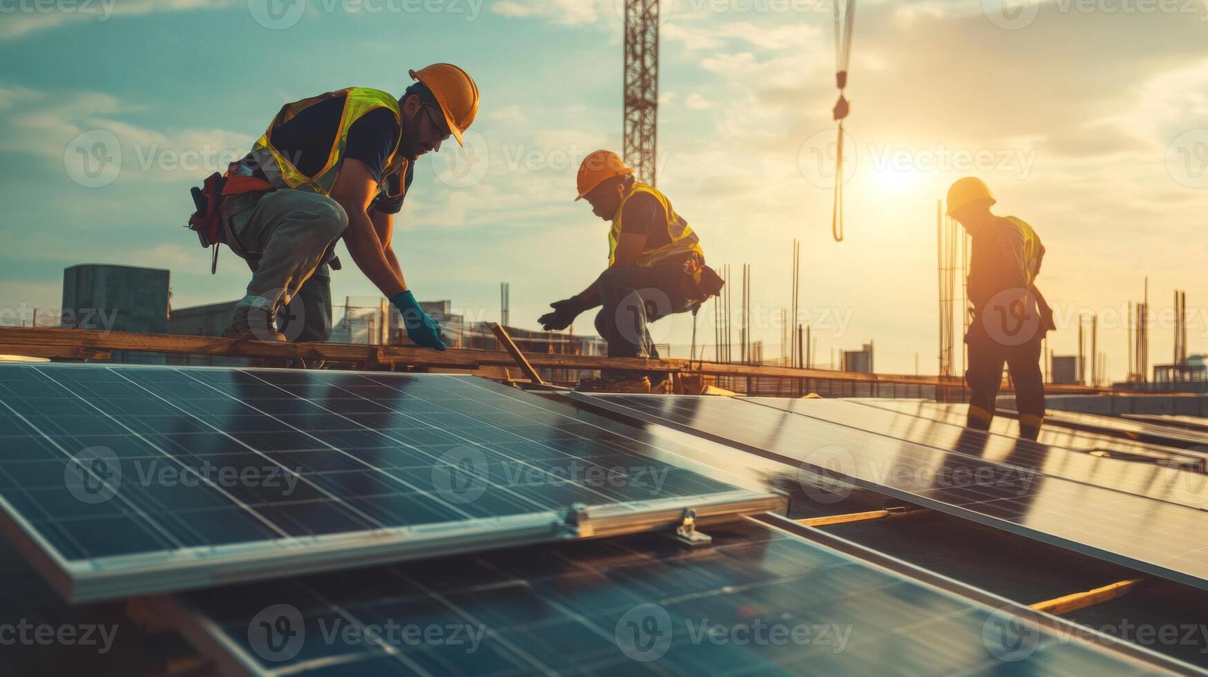 Construction Workers Installing Solar Panels on Rooftop photo