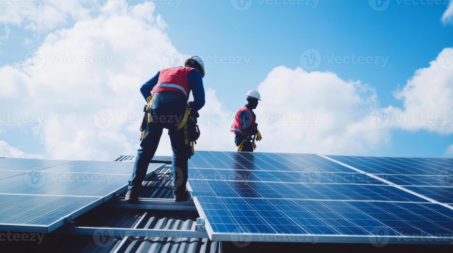 Two Workers Installing Solar Panels on a Roof Under a Blue Sky photo
