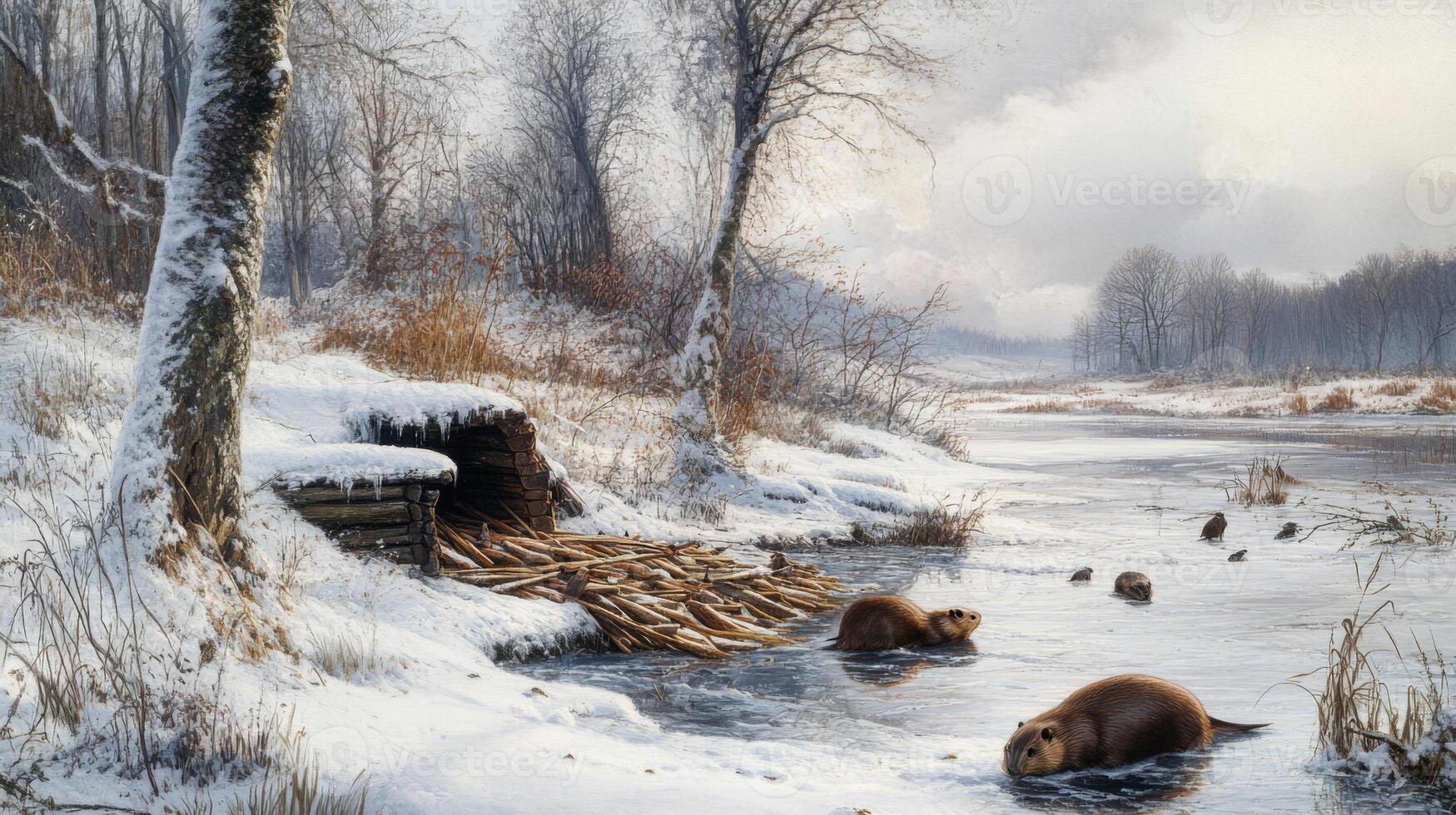 Two Beavers by a Frozen River in a Winter Forest photo