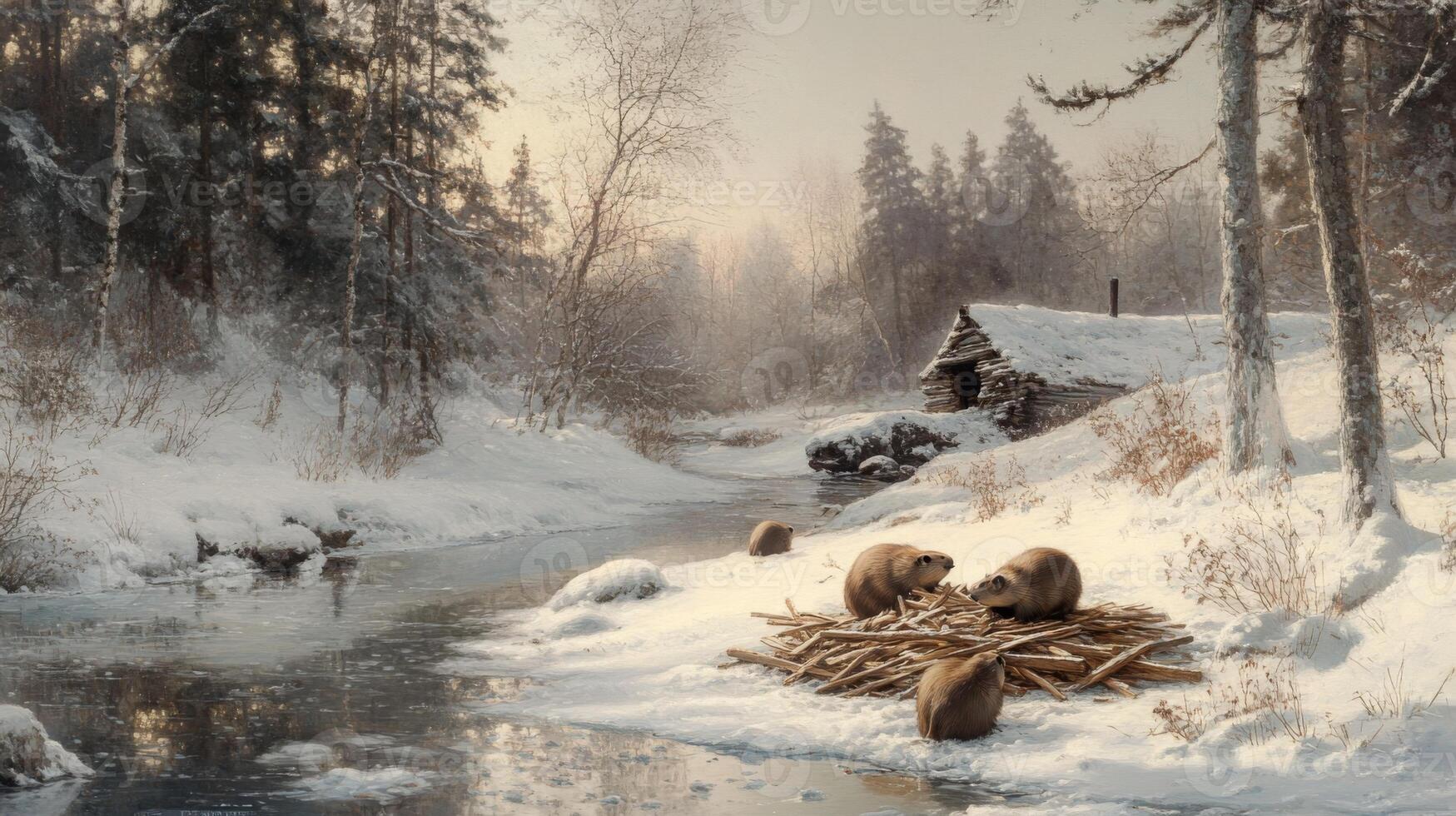 Beavers Gather Wood Near a Cabin in a Snowy Forest photo
