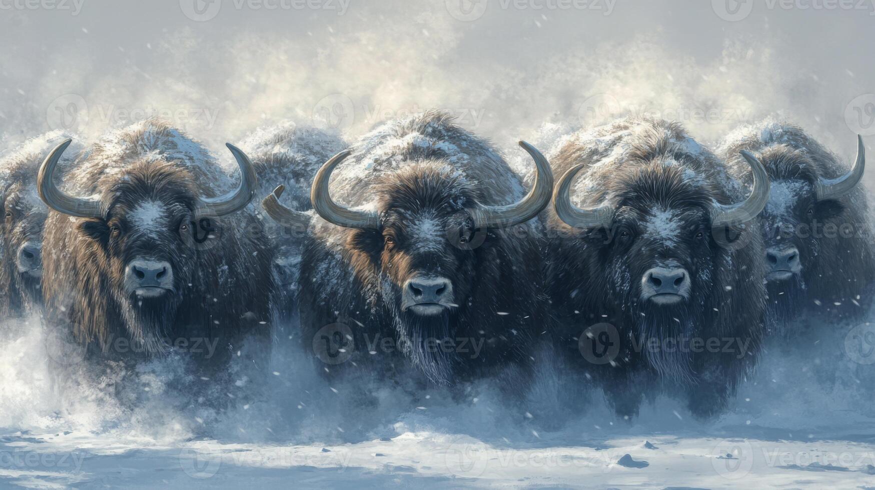 A Herd of Musk Oxen Walking Through a Blizzard photo