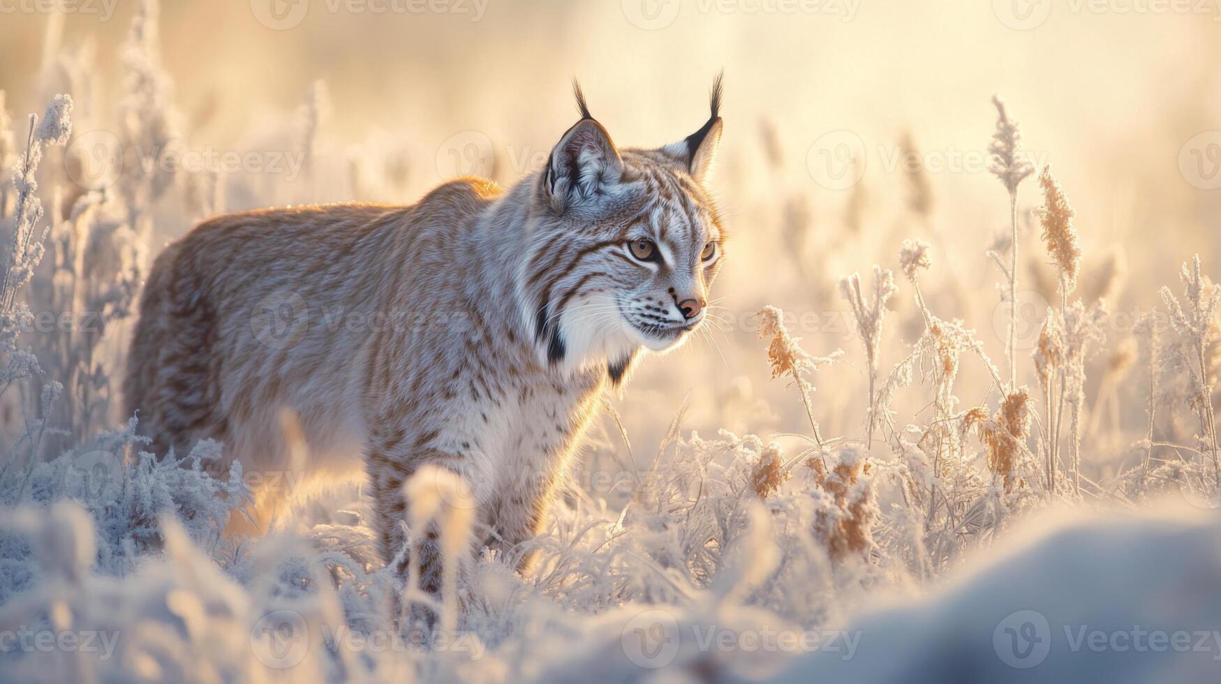 Lynx in a Snowy Meadow at Sunrise photo