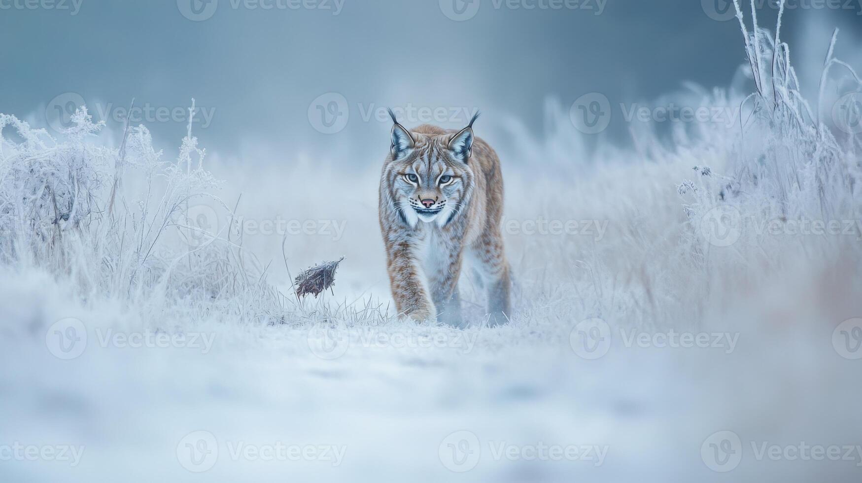A Lynx Walks Through a Frosty Winter Landscape photo