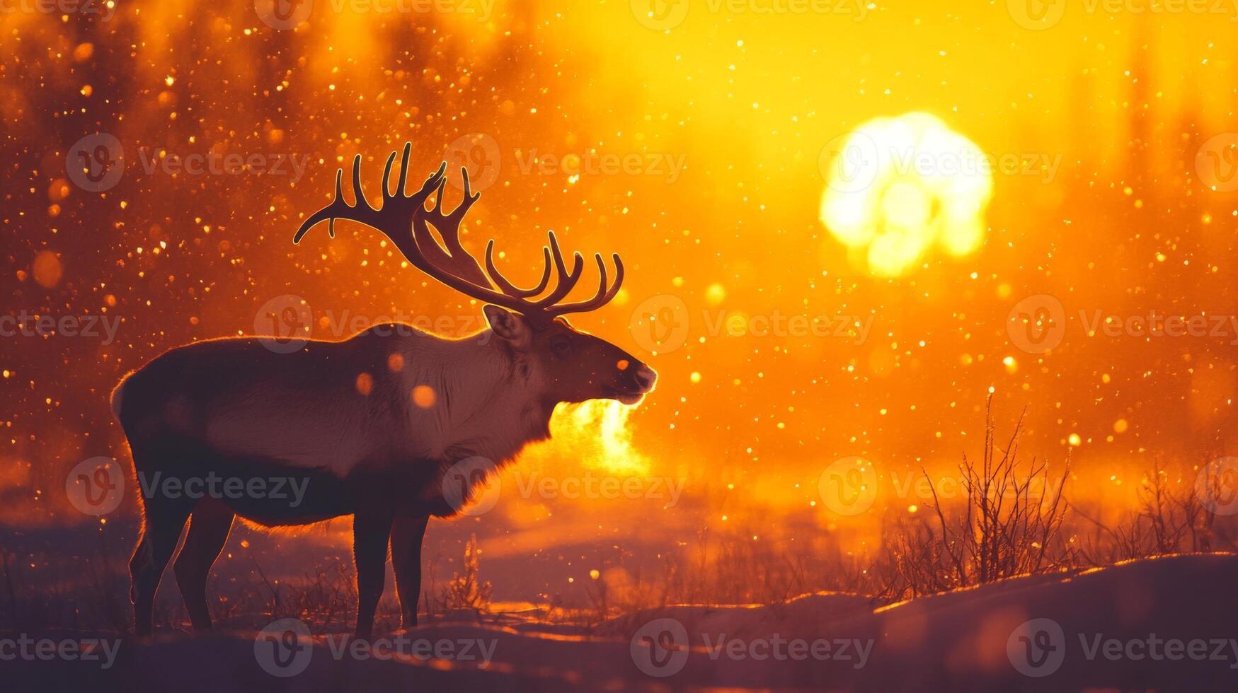 A Reindeer Stands in a Snowy Field at Sunset photo