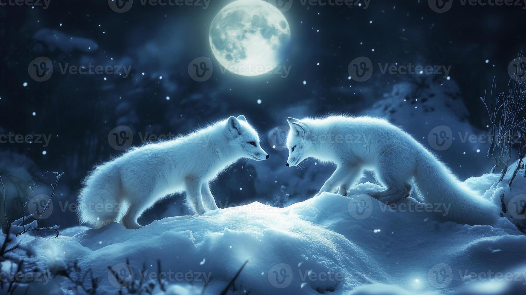 Two Arctic Foxes in a Snowy Night Landscape Under a Full Moon photo