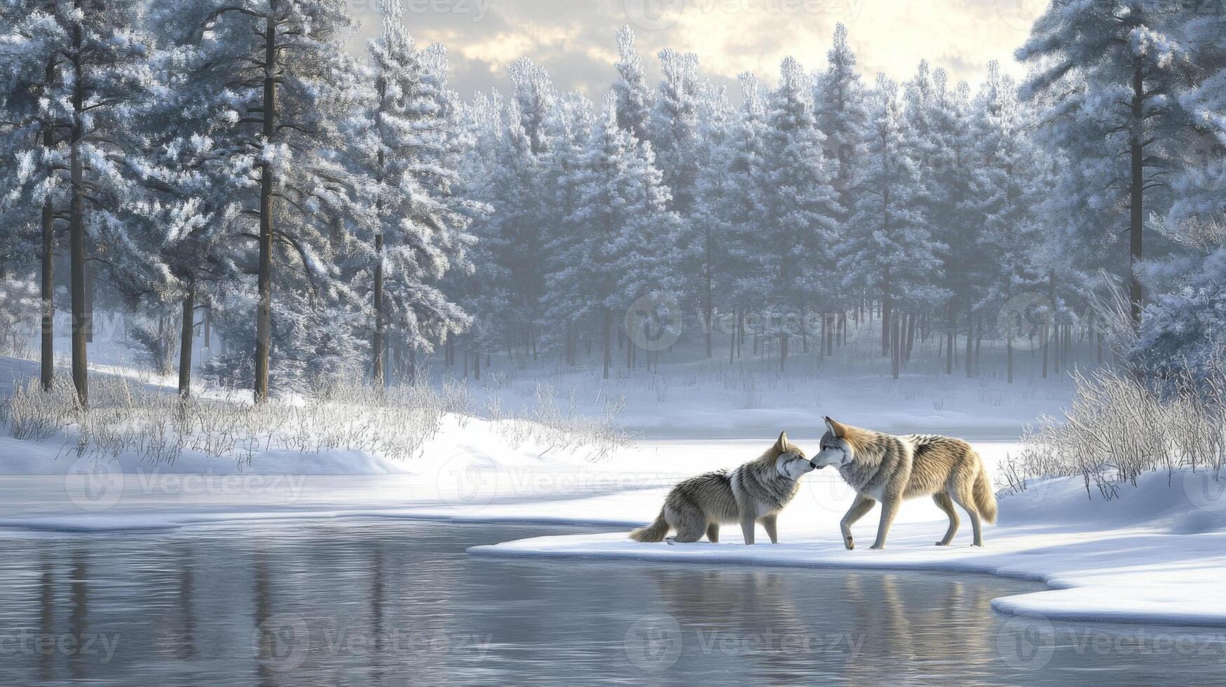 Two Wolves Snuggling by a Frozen River in a Snowy Forest photo