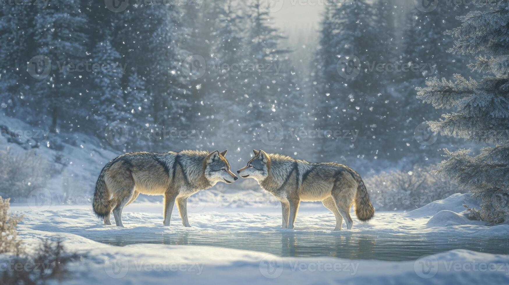 Two Wolves Facing Each Other in a Snowy Forest photo