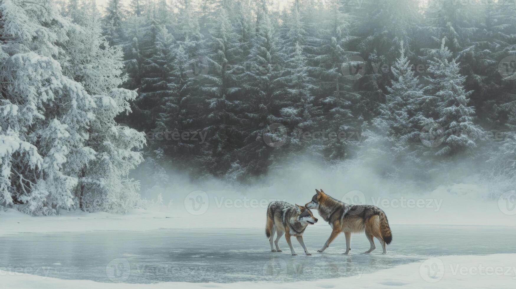Two Wolves on a Frozen Lake in a Misty Winter Forest photo