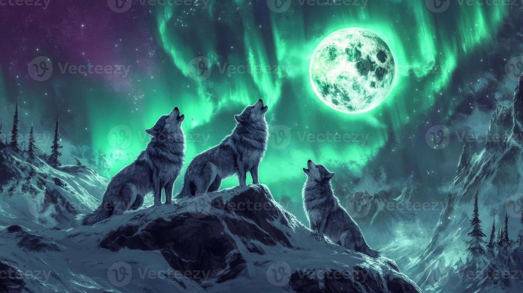Three Wolves Howling at the Full Moon Under an Aurora Borealis photo