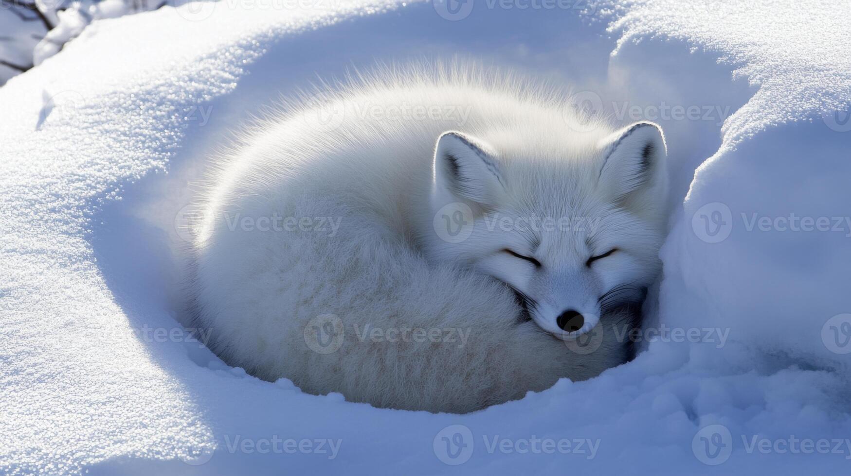 A White Arctic Fox Curled Up Sleeping in the Snow photo