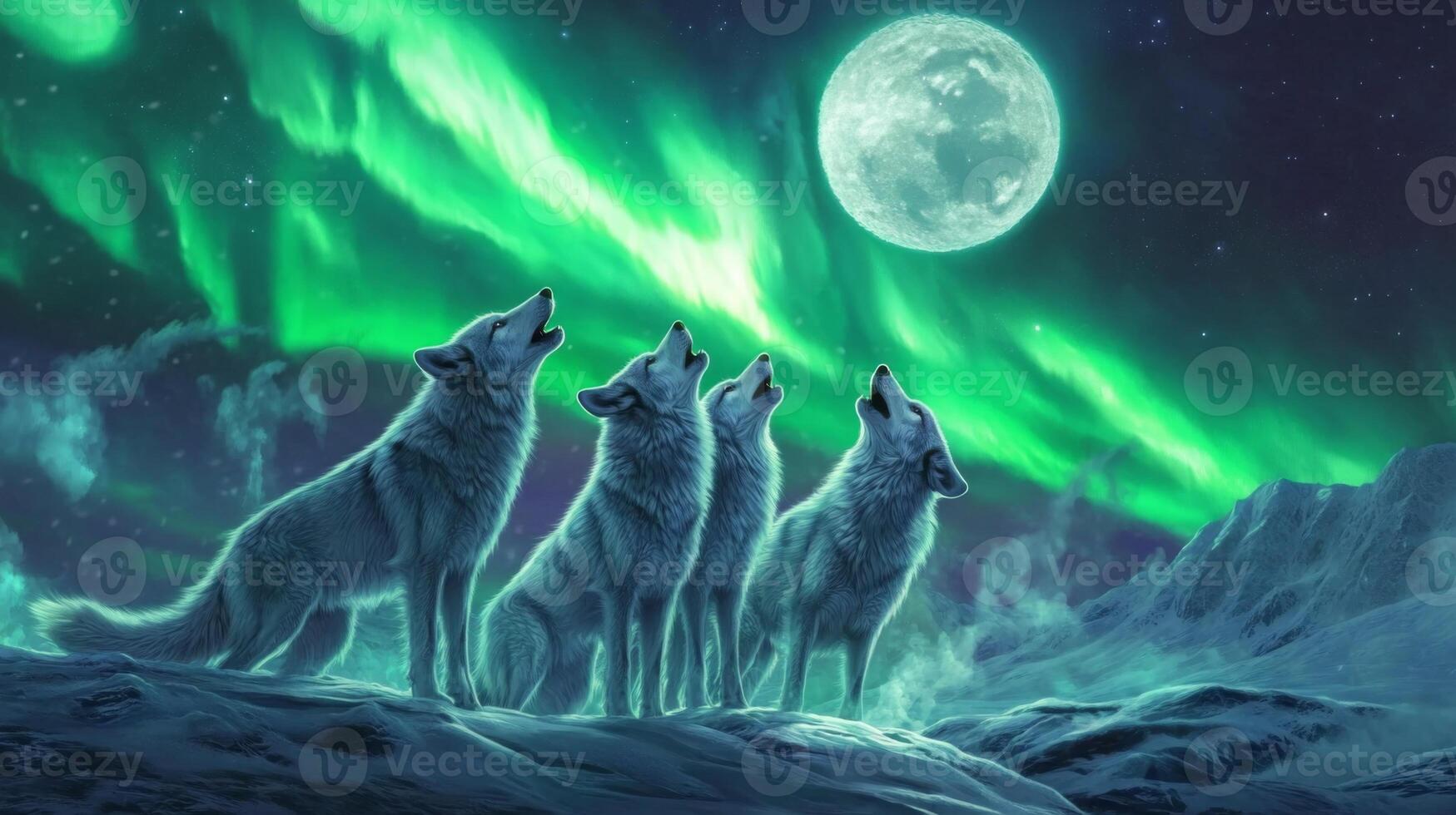 Three White Wolves Howling at the Moon Under the Northern Lights photo