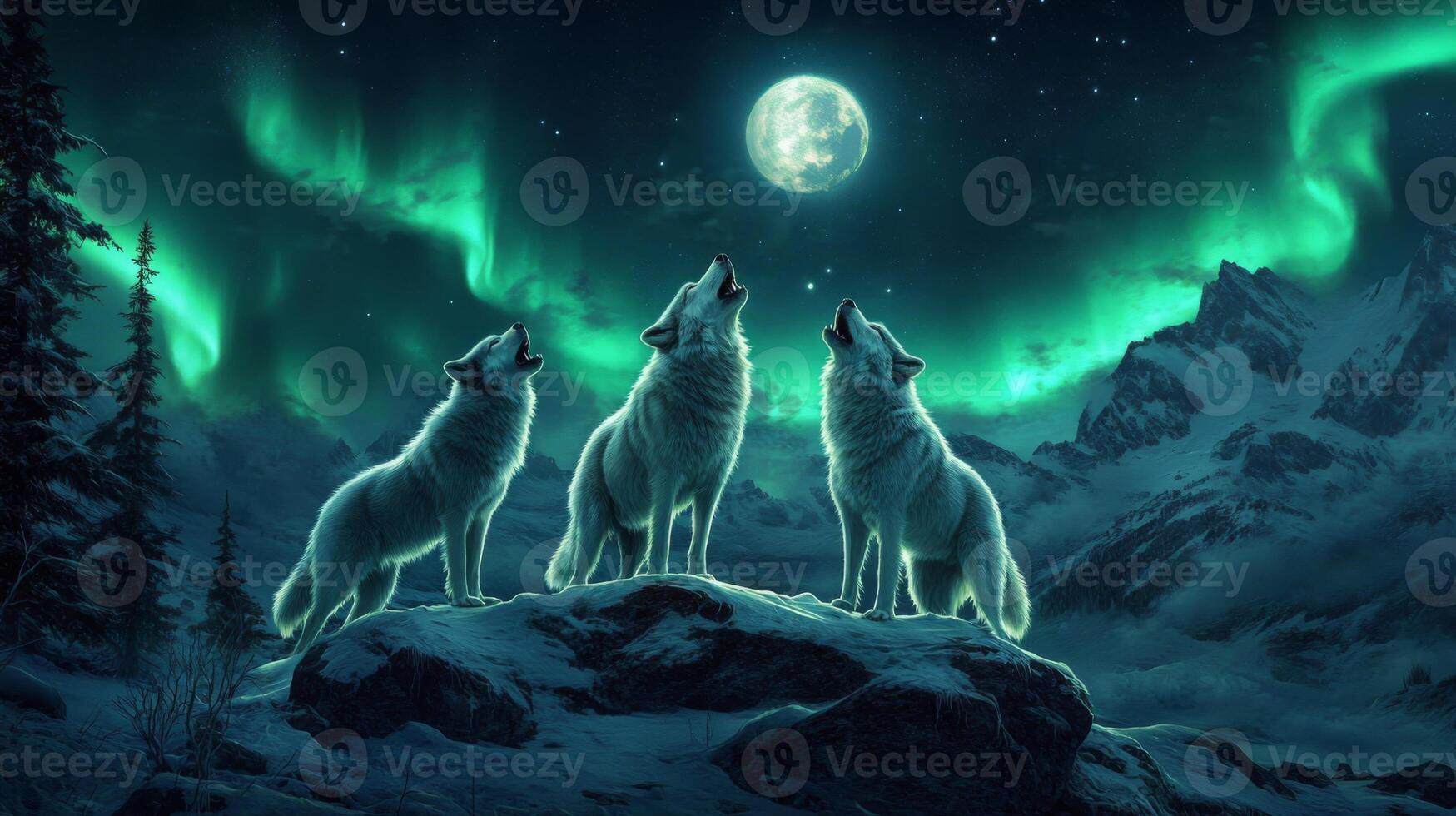 Three White Wolves Howling at the Moon and Aurora Borealis photo