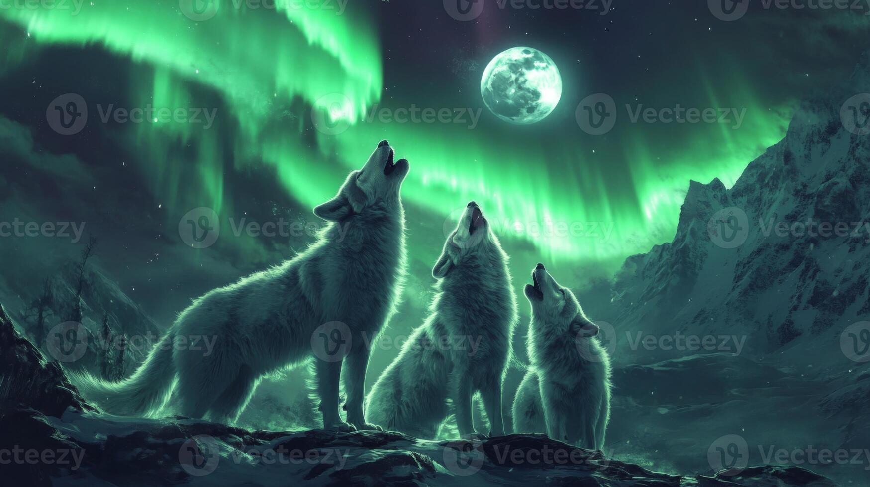 Three Wolves Howling Under the Northern Lights and a Full Moon photo