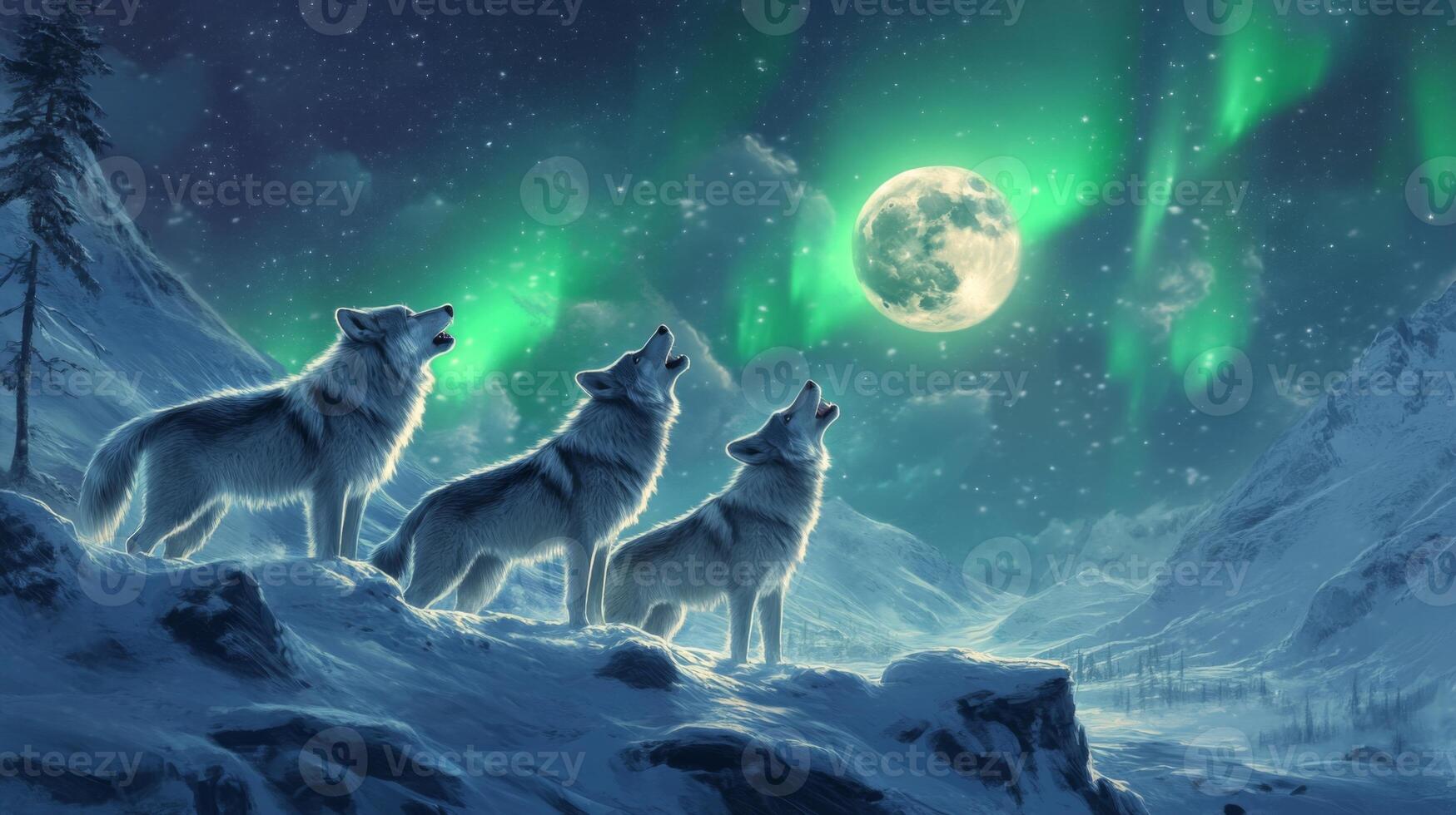 Three Wolves Howling at the Moon Under a Green Aurora Borealis photo