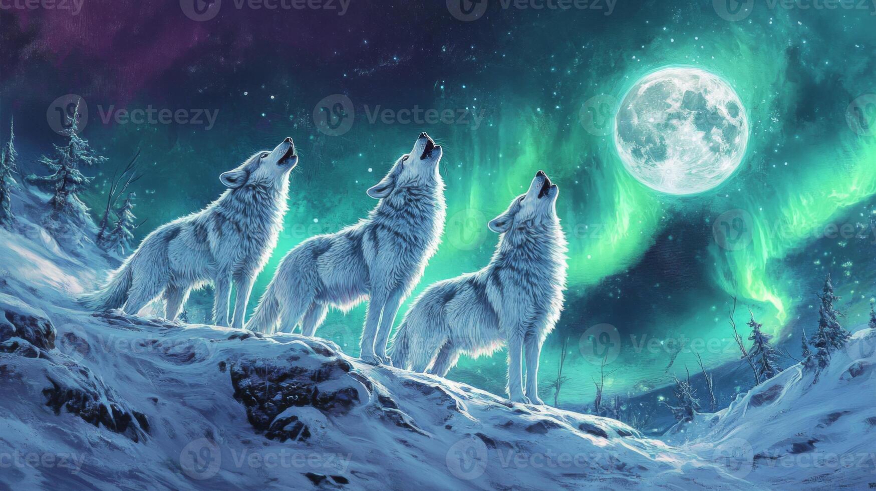 Three White Wolves Howling at the Full Moon Under the Aurora Borealis photo