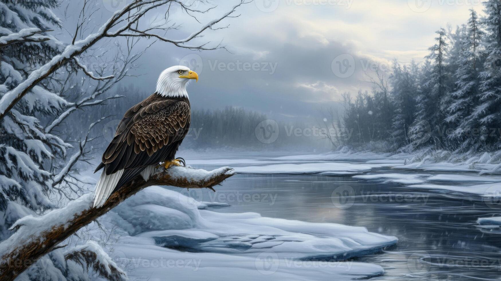 Bald Eagle Perched on Branch Over a Snowy River photo