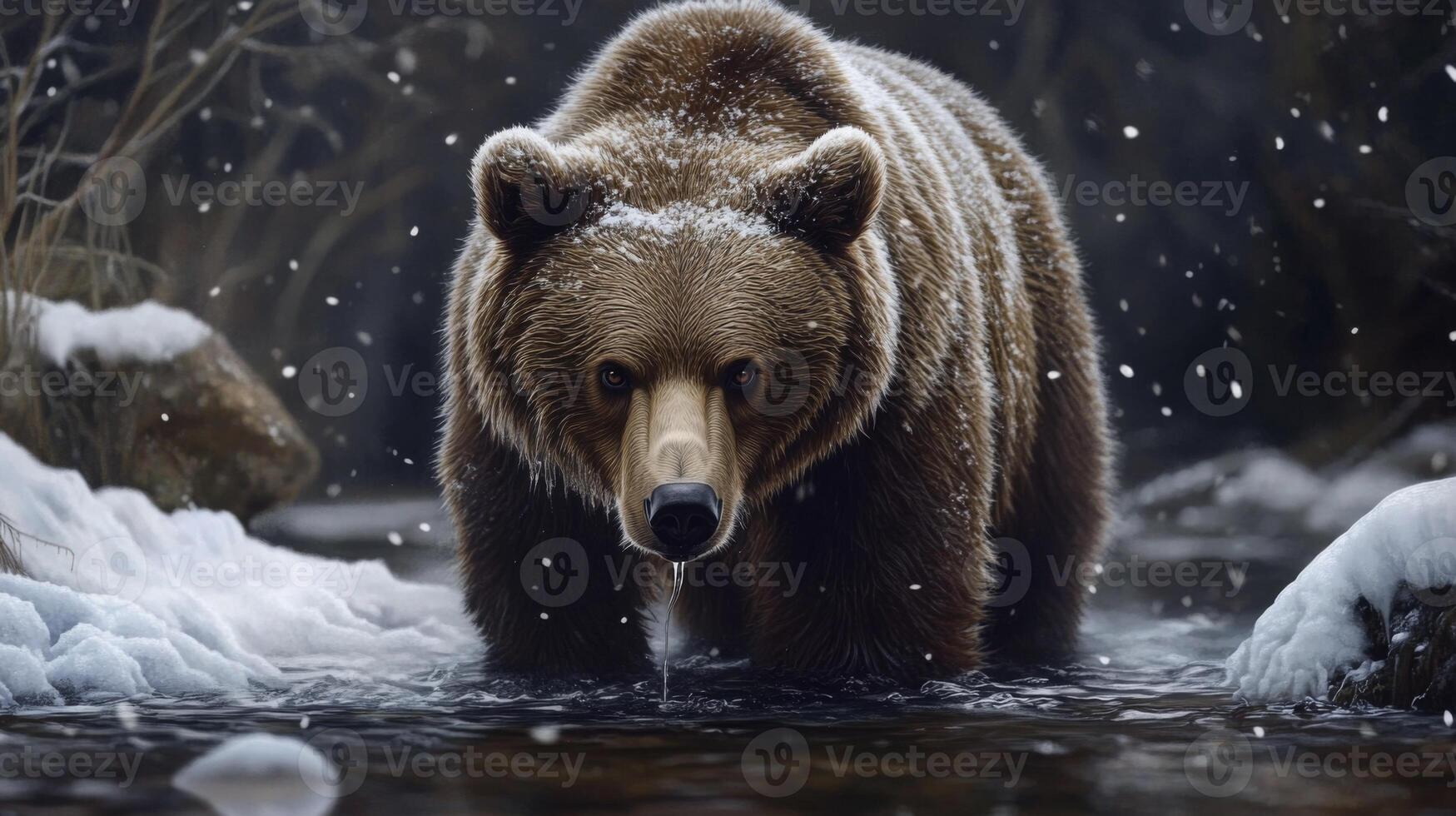 A Brown Bear Stands in a Snowy Creek photo