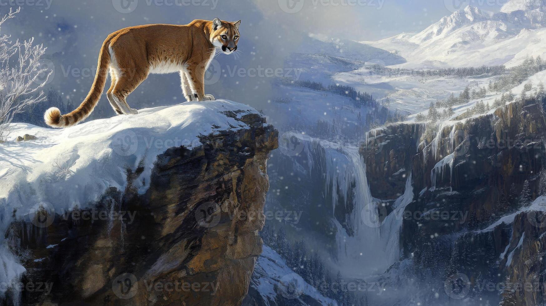 Mountain Lion Perched on Snowy Cliff Overlooking Frozen Waterfall photo