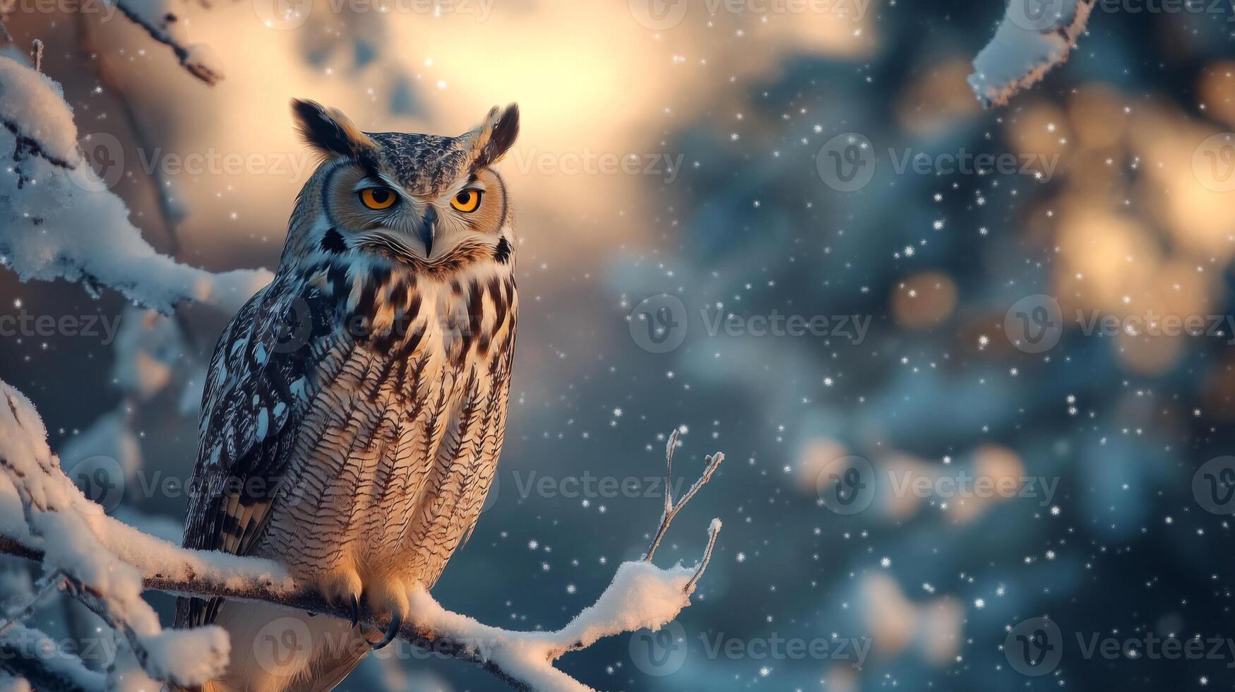 A Eurasian Eagle-Owl Perched on a Snowy Branch with a Blurred Background photo