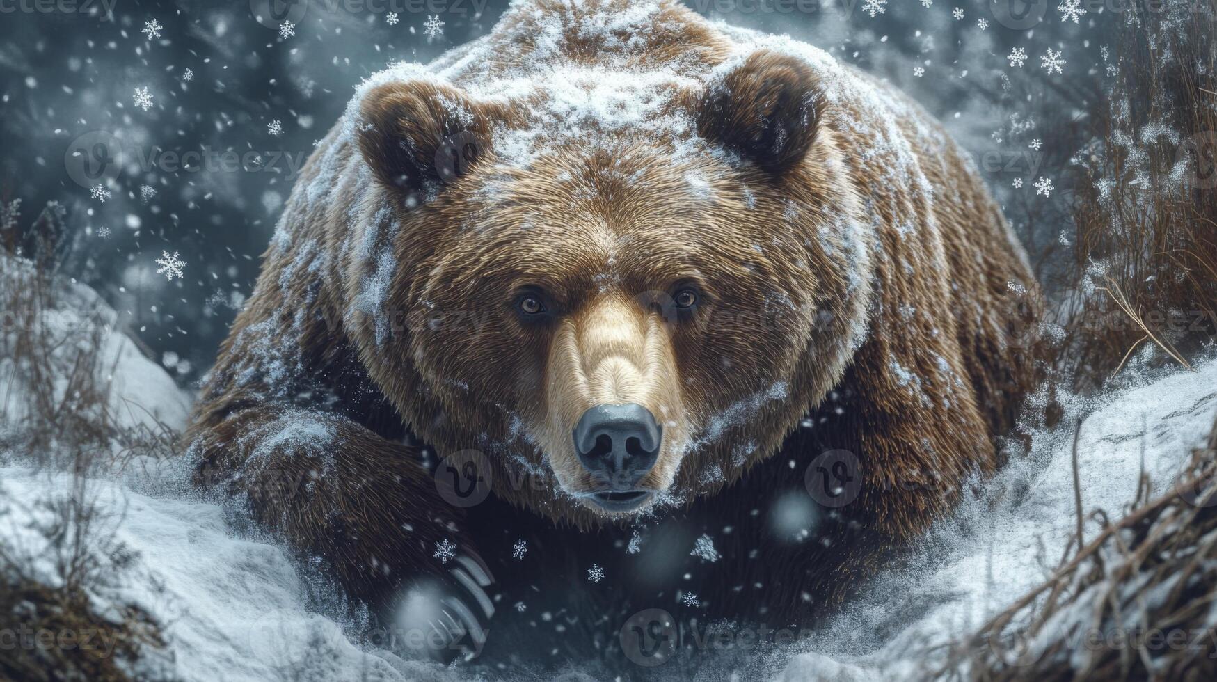 A Brown Bear Standing in Snowfall photo