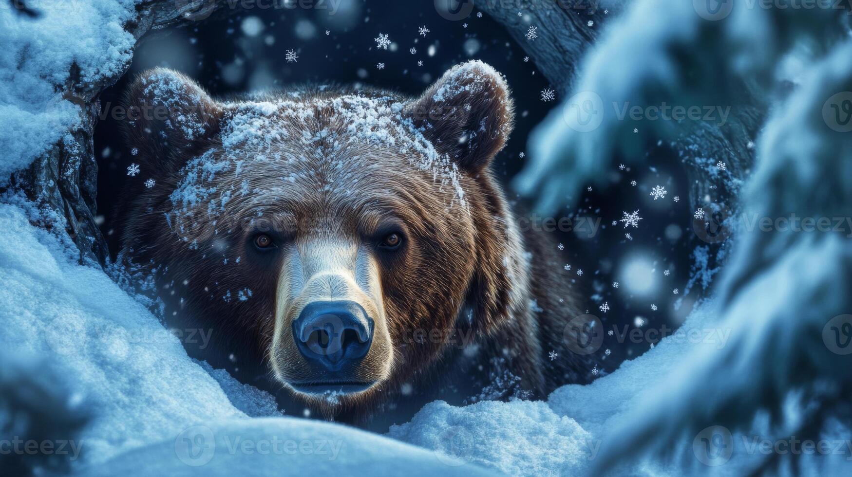 Close-up of a Brown Bear's Face with Snow Falling in the Background photo