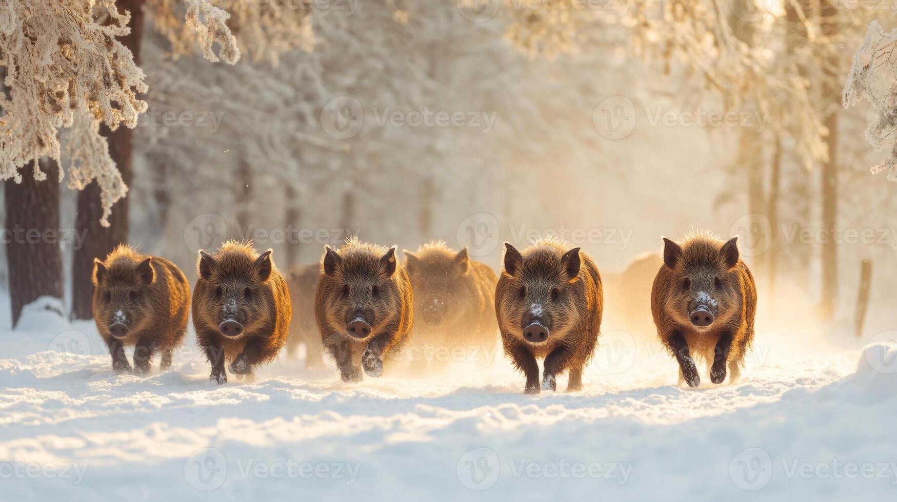 A Pack of Wild Boars Running Through a Snowy Forest photo