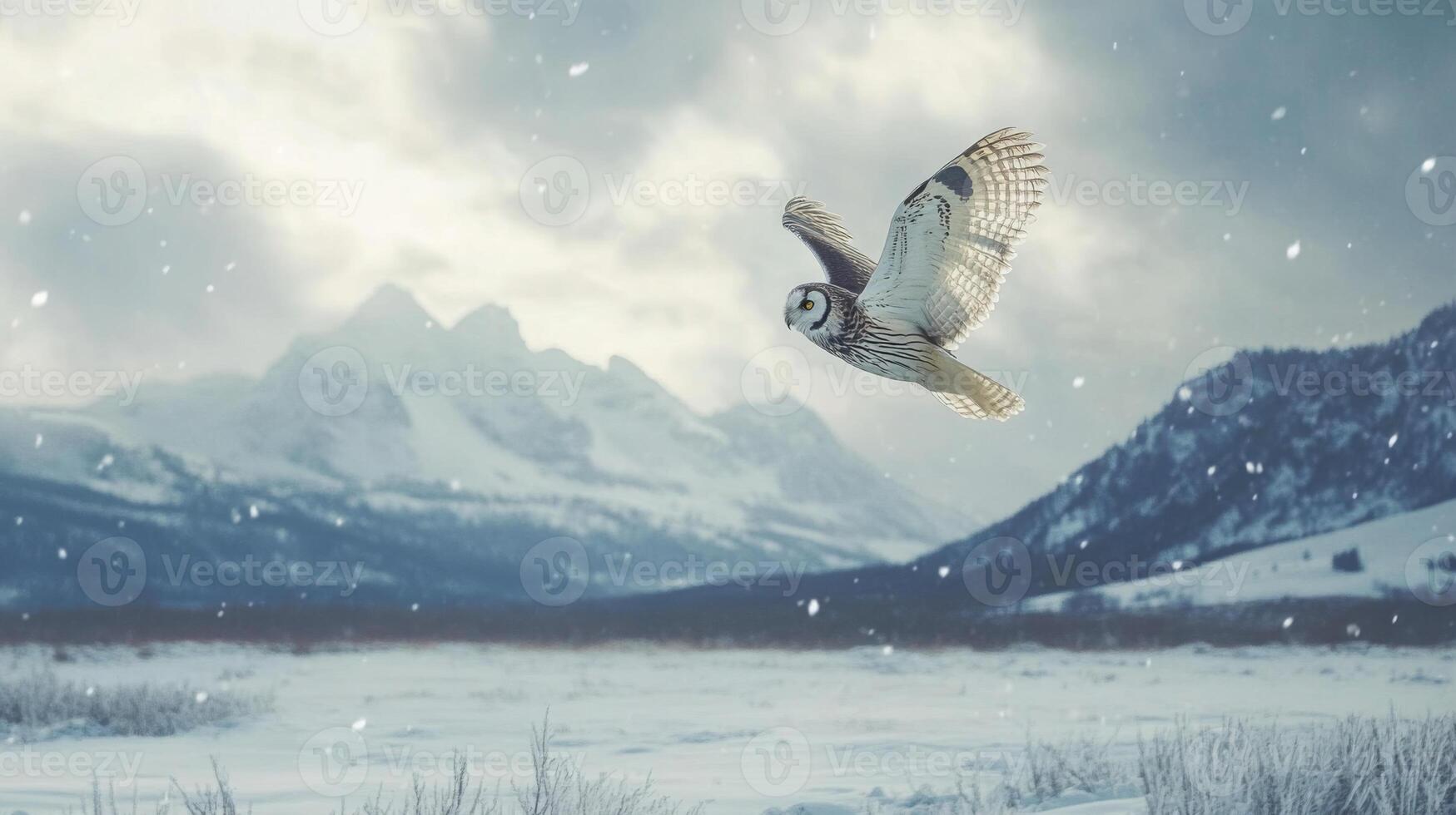 Snowy Owl Soaring Over a Mountain Range photo