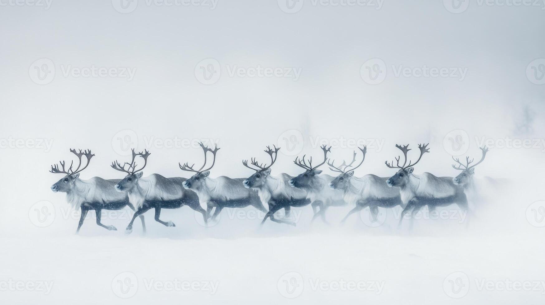 A Herd of Reindeer Running Through a Snowy Landscape photo