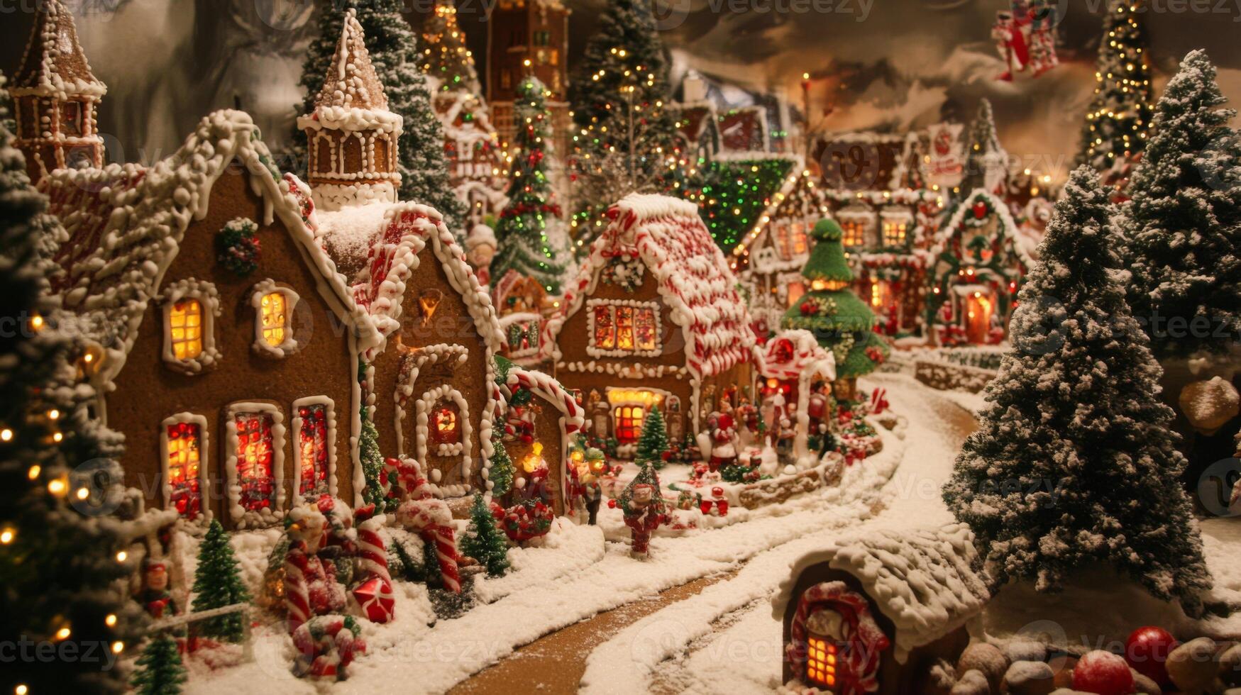 Illuminated Gingerbread Village with Snowy Trees and Candy Canes photo