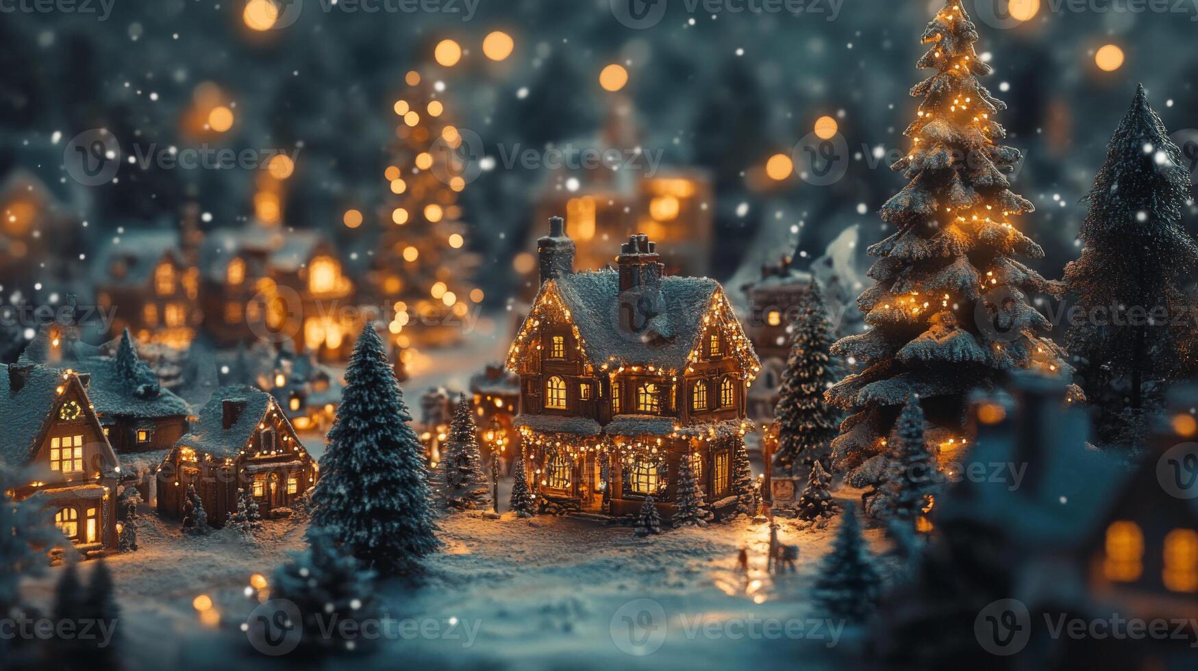A Miniature Winter Village Illuminated with String Lights photo