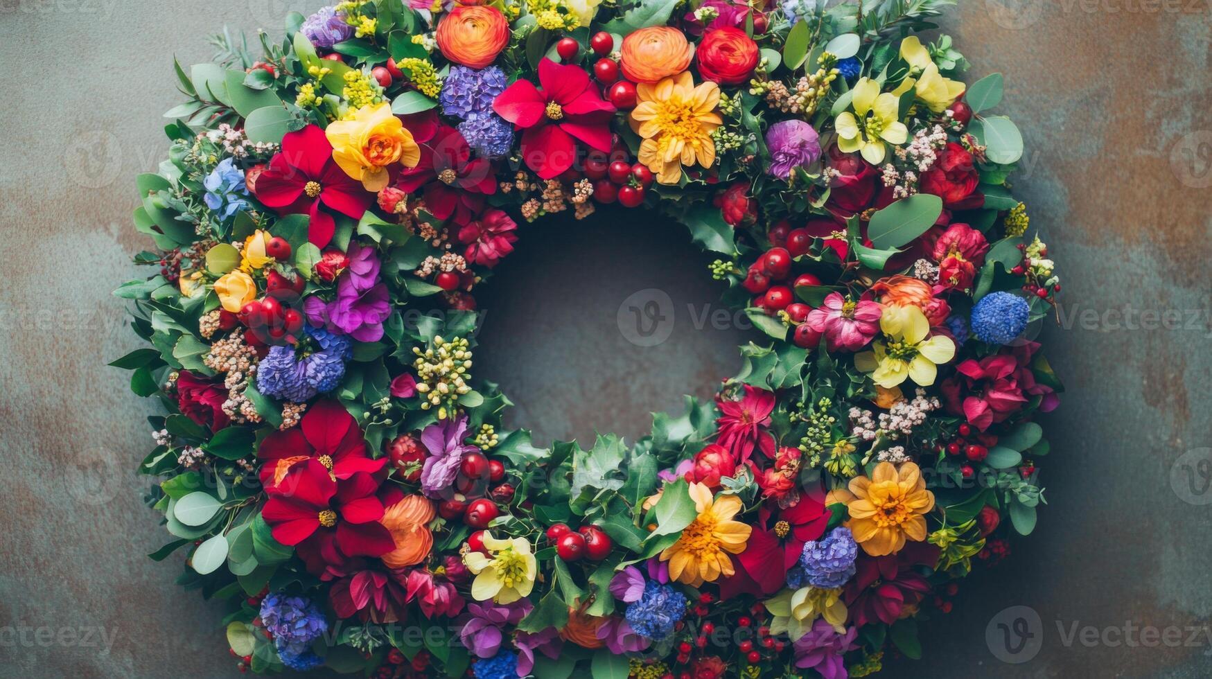 Vibrant Floral Wreath with Various Flowers and Berries photo