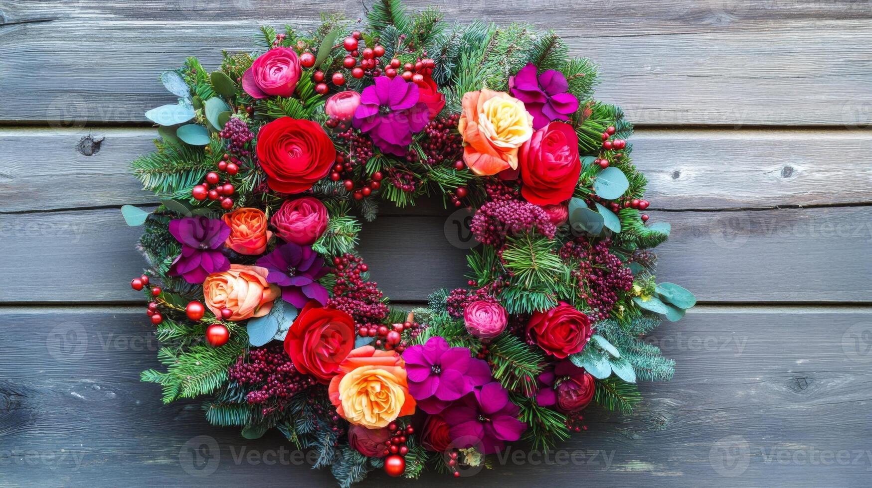 Christmas wreath with red, pink and orange roses, purple flowers, green pine branches and red berries photo