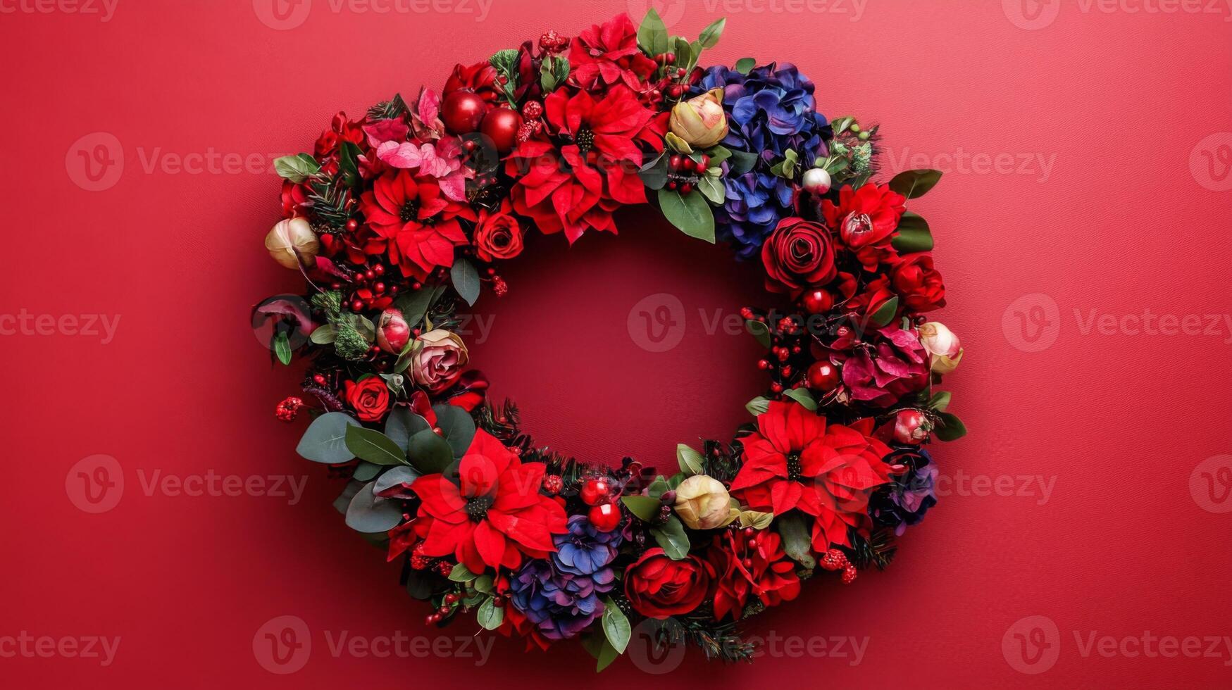 Red and Blue Floral Wreath on a Red Background photo