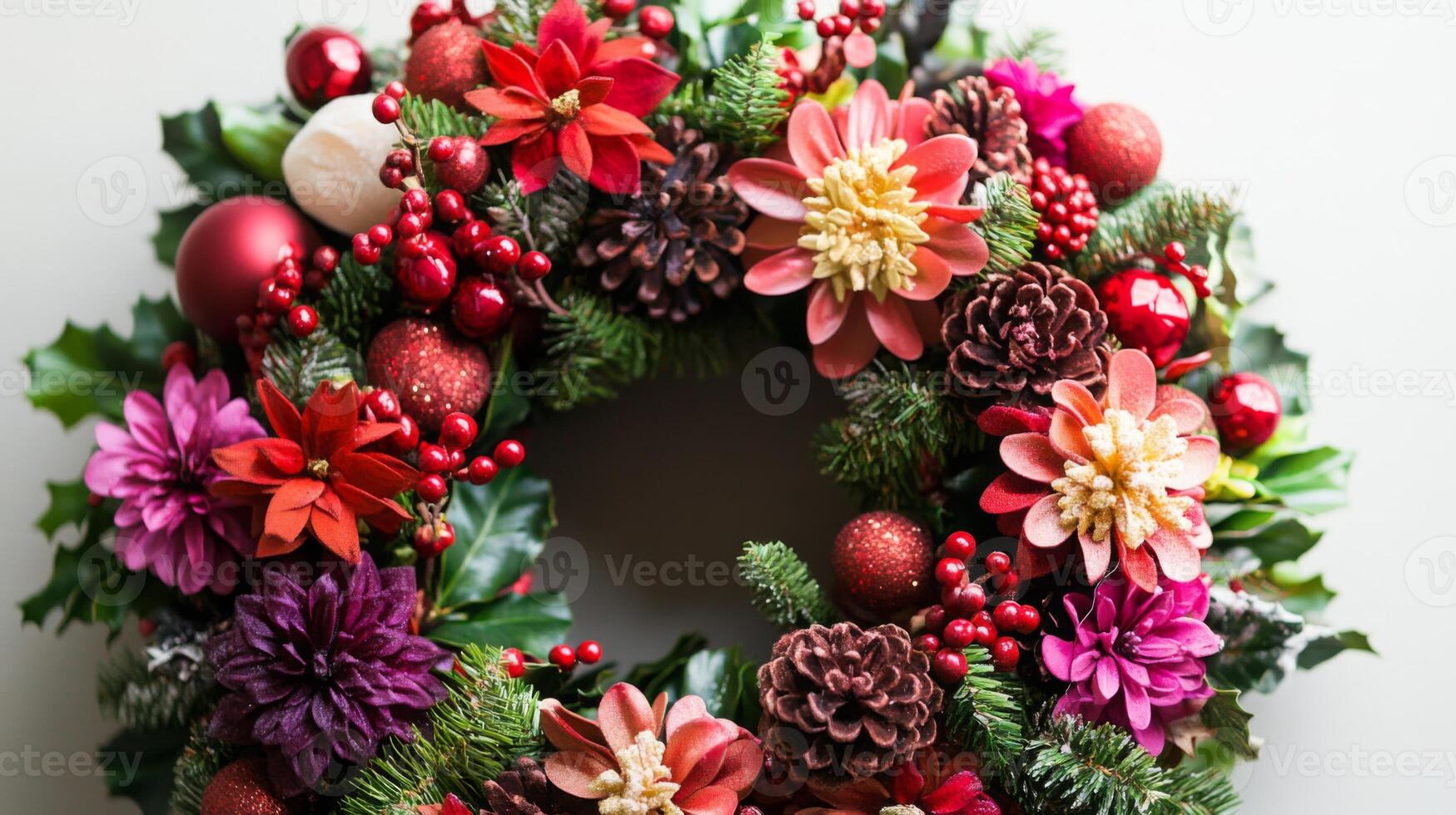 Red and Pink Christmas Wreath with Pine Cones and Holly photo