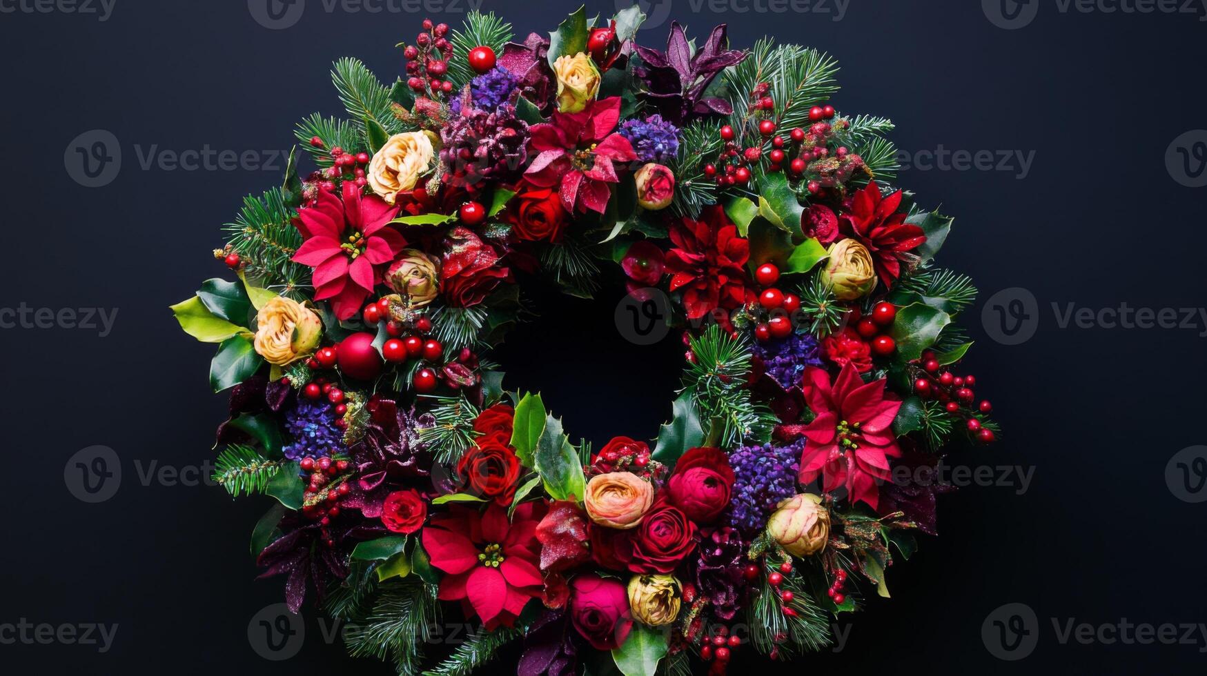 Festive Christmas Wreath with Red, White, and Purple Flowers and Berries photo