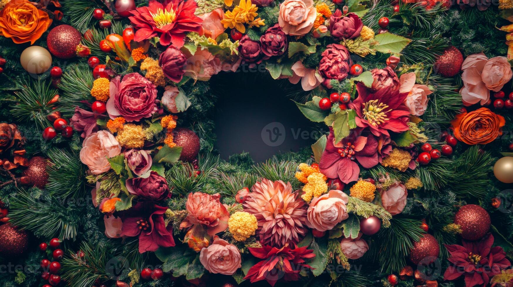 A Festive Christmas Wreath Adorned with Flowers and Ornaments photo