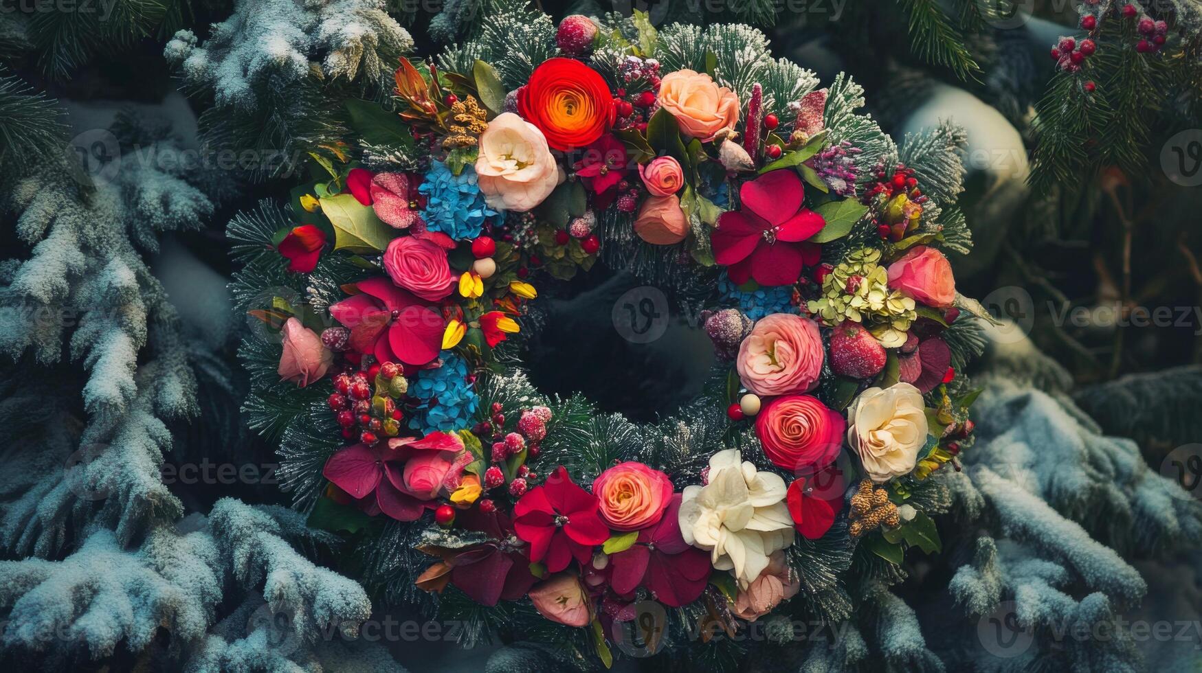 A Winter Floral Wreath Adorned with Snow and Berries photo