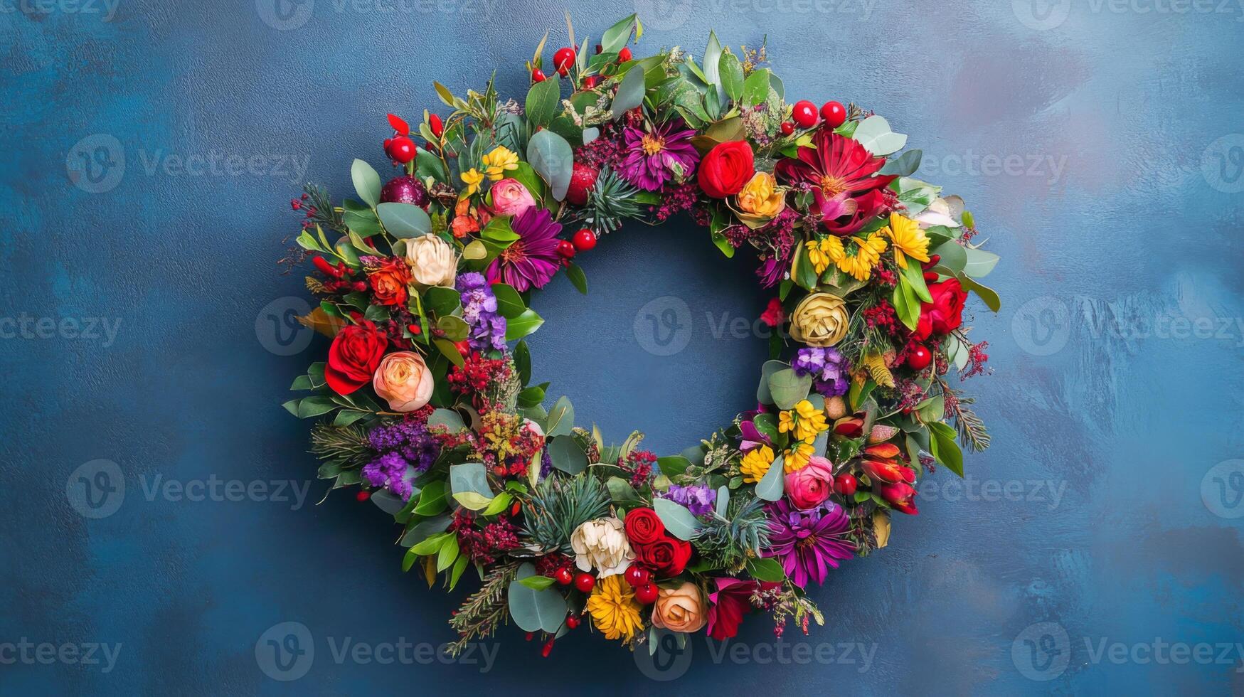 Colorful Floral Wreath on a Blue Background photo