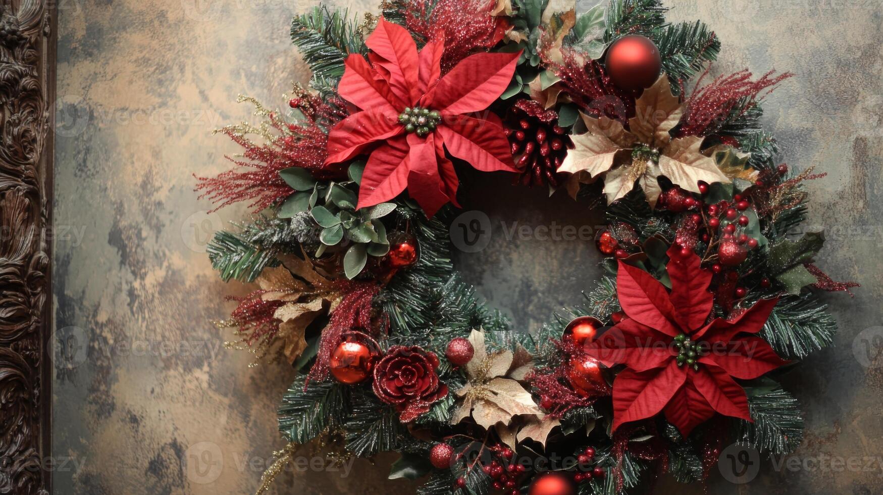 A Festive Christmas Wreath with Red Poinsettia Flowers and Ornaments photo