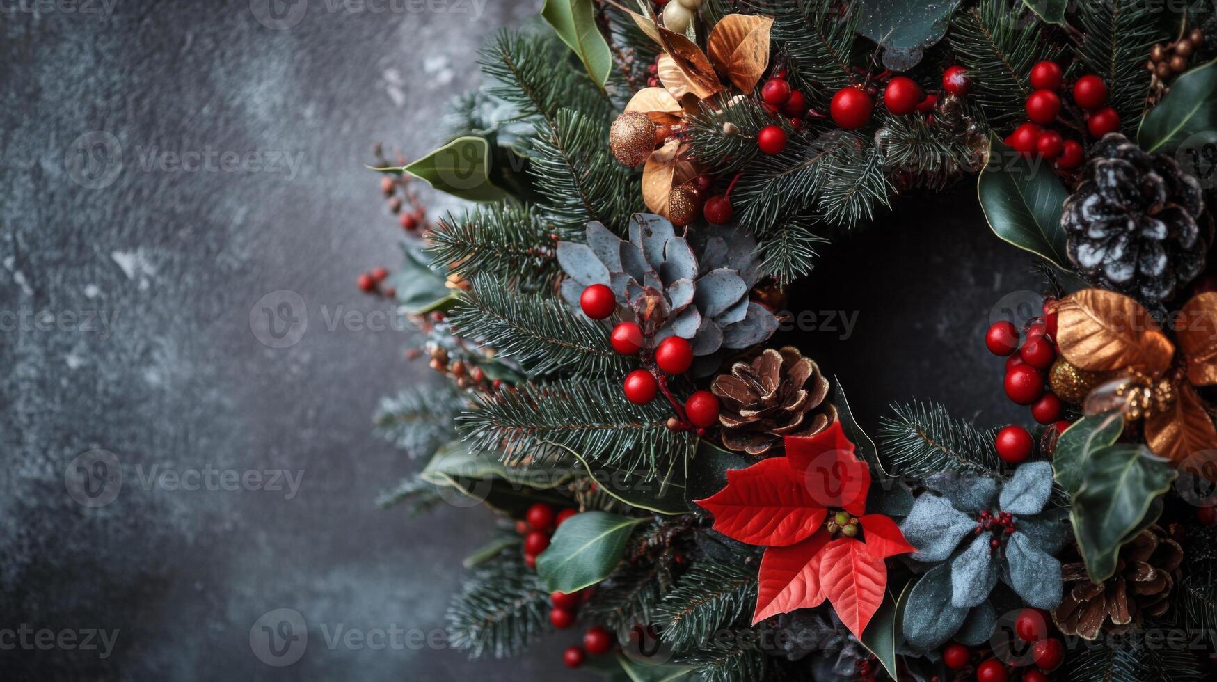 Close-up of a Christmas Wreath with Red Berries, Pine Cones, and Green Foliage photo
