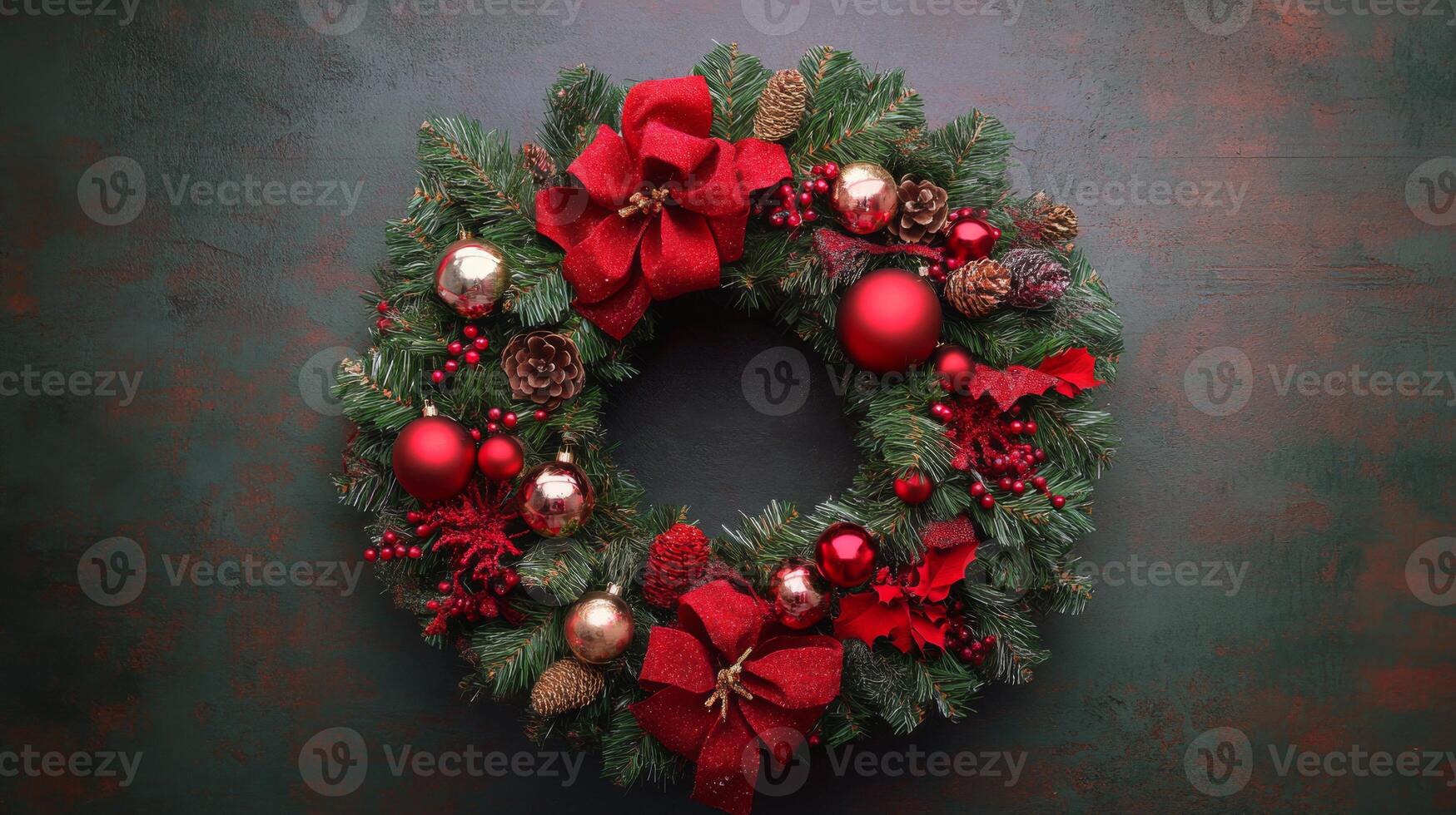 Christmas Wreath with Red and Gold Ornaments and Pine Cones photo