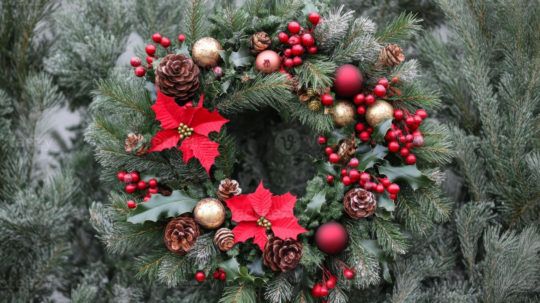 A Festive Christmas Wreath with Red and Gold Ornaments photo