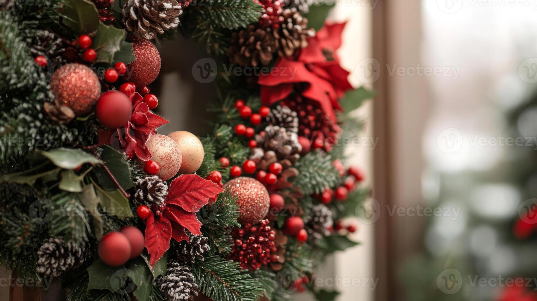 Close-up of a Christmas Wreath with Red and Gold Ornaments, Pine Cones, and Holly photo