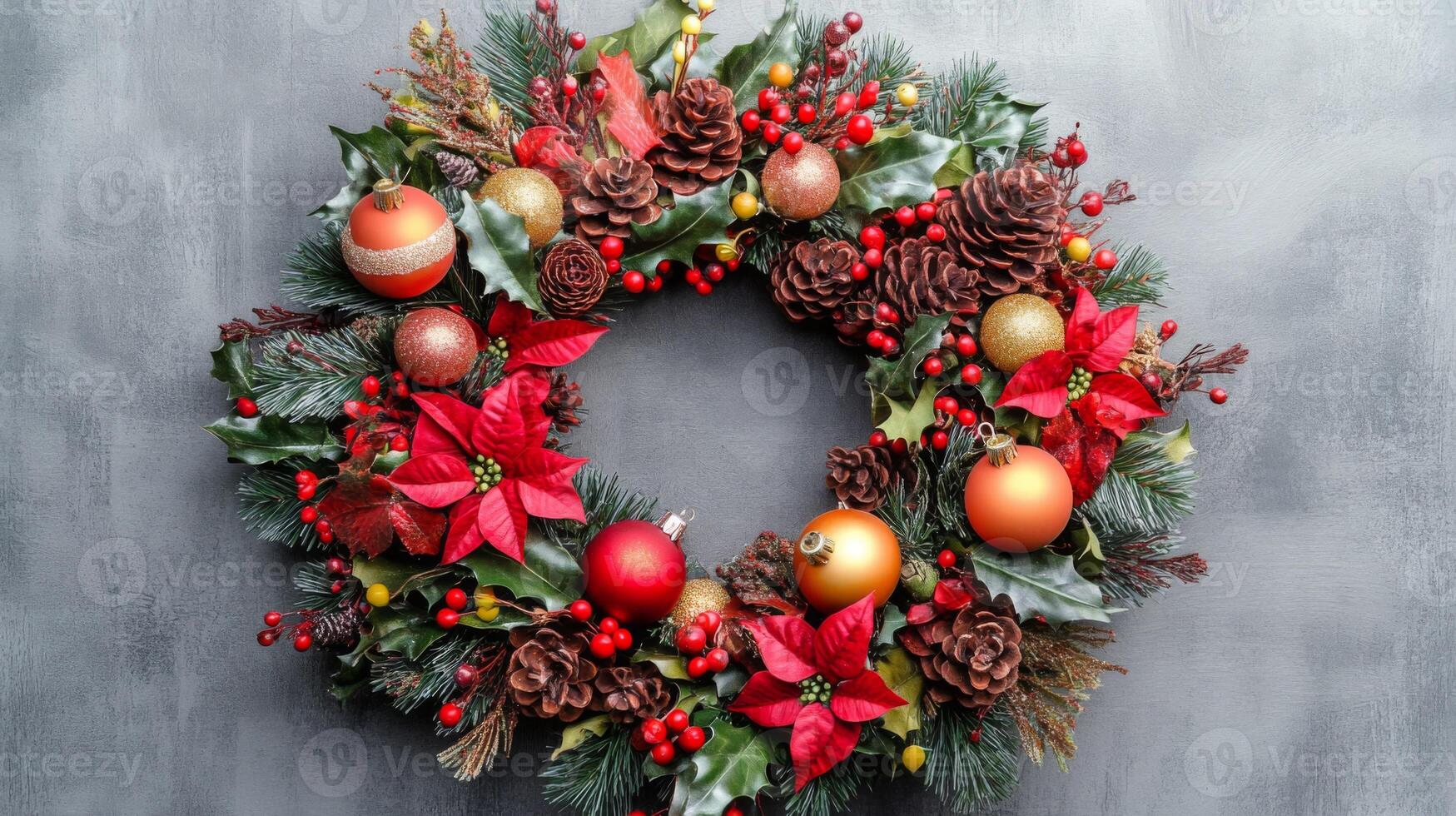 Festive Christmas Wreath with Pine Cones, Holly, and Red and Gold Ornaments photo