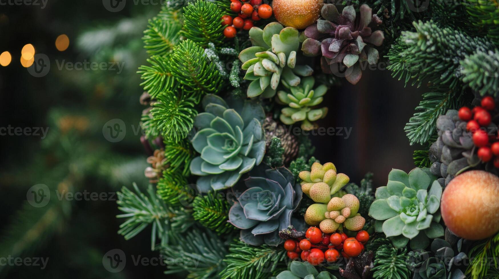 Succulent and Evergreen Wreath with Red Berries and a Peach photo