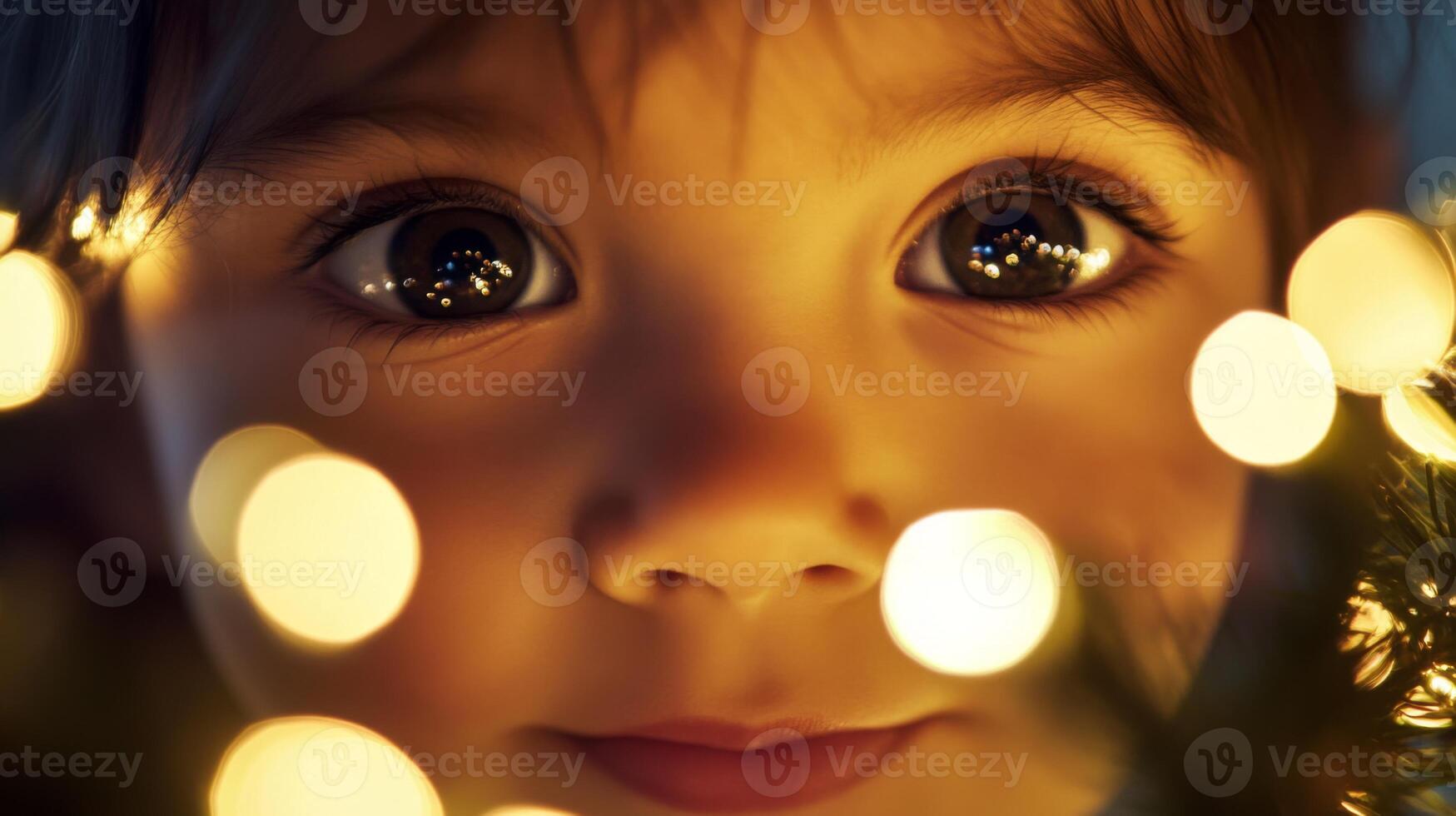 Child's Face with Blurry Lights Reflecting in Eyes photo