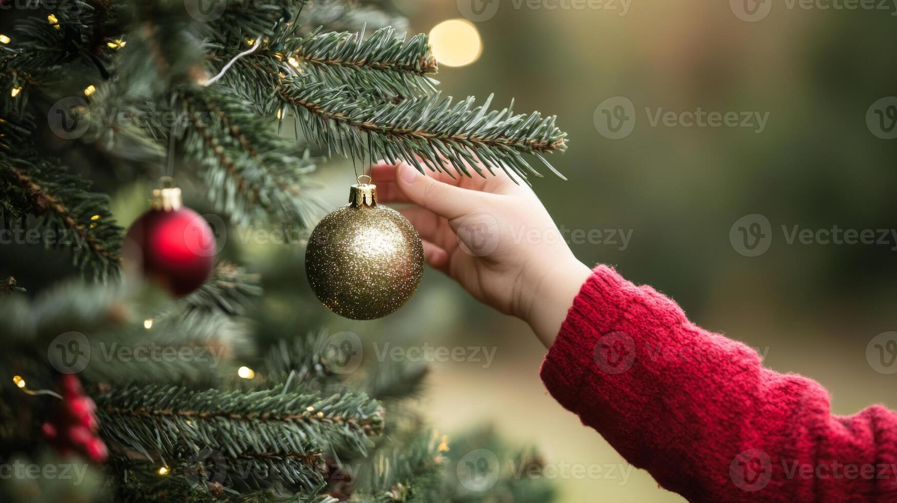 A Hand Decorating a Christmas Tree with a Glittery Gold Ornament photo