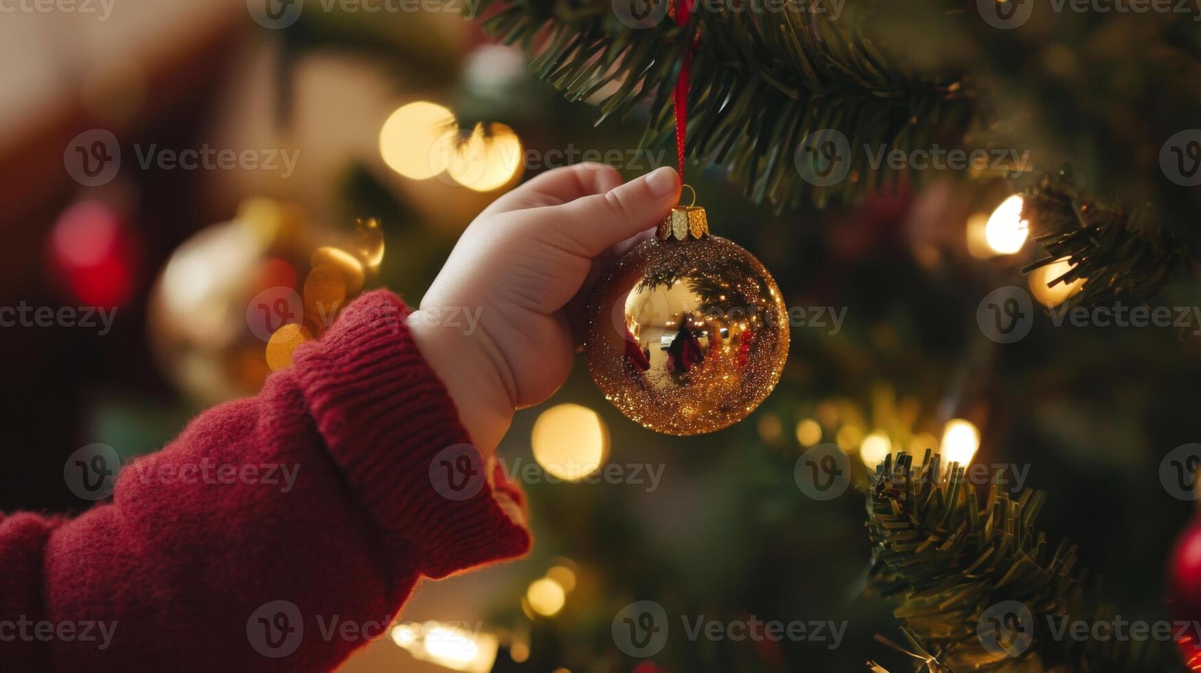 A Child's Hand Holding a Glittering Gold Christmas Ornament photo