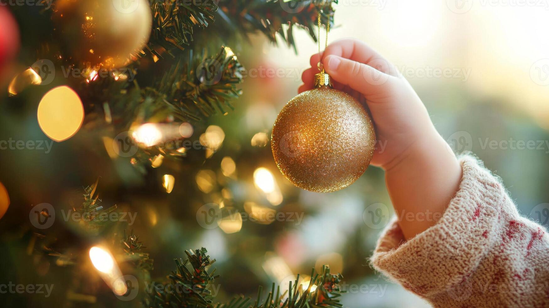 Child's Hand Decorating a Christmas Tree with a Gold Ornament photo
